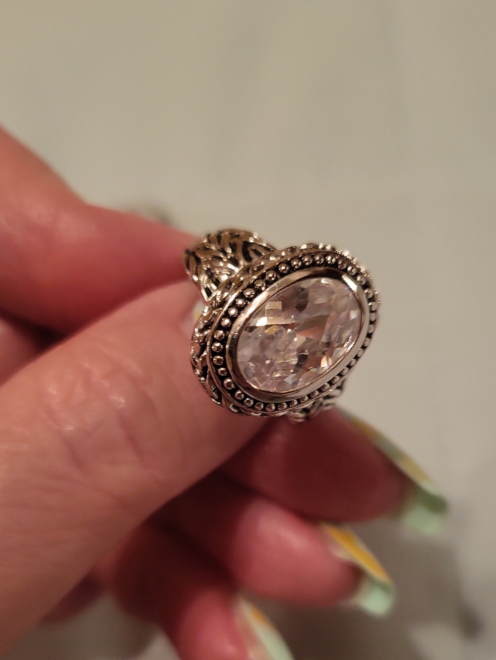 Sterling-Style Silver Oval Crystal Statement Ring - Clear
